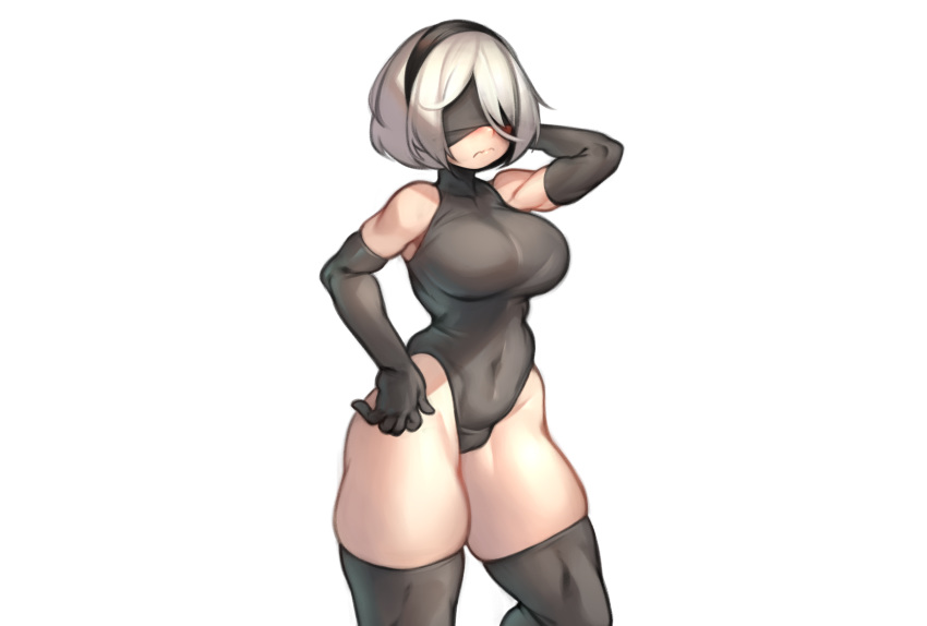 blindfold breasts cameltoe elbow_gloves gloves gray_hair headband kelvin_hiu leotard nier nier:_automata short_hair skintight thighhighs white yorha_unit_no._2_type_b