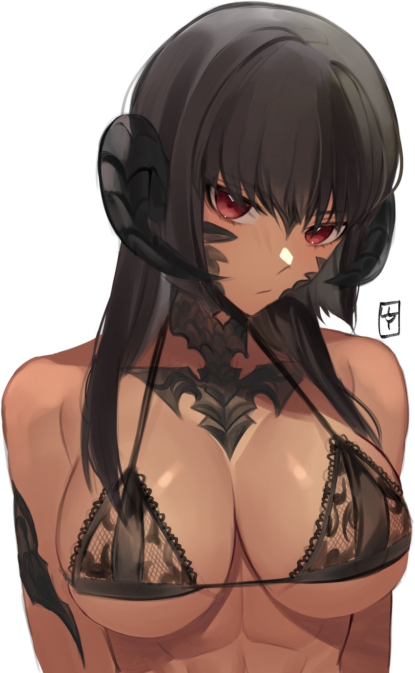 :o abs au_ra avatar_(ffxiv) bangs bare_shoulders black_bra black_hair black_horns body_markings bra breasts cleavage dark-skinned_female dark_skin dragon_girl dragon_horns facial_mark female final_fantasy final_fantasy_xiv highres horns large_breasts lilycious lingerie looking_at_viewer red_eyes scales solo underwear upper_body