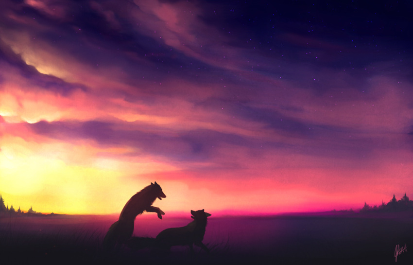 2011 ambiguous_gender canid canine duo feral fox johis landscape mammal sky skyscape sunset