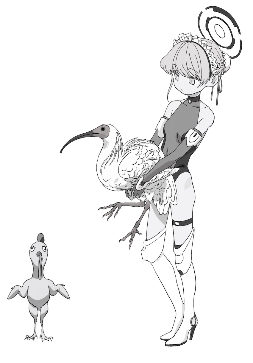 animal bare_shoulders bird blue_archive boots braid breasts bun_cover chicken choker commentary covered_collarbone crested_ibis elbow_gloves female fingerless_gloves full_body gloves gomibako_(gomibako_price) greyscale hair_bun hair_ribbon half_up_braid halo heel_up high_heel_boots high_heels highres holding holding_animal holding_bird knee_boots leotard looking_at_animal maid_headdress monochrome name_connection peroro_(blue_archive) pun ribbon short_hair simple_background single_hair_bun small_breasts solo standing thigh_strap toki_(blue_archive) v_arms