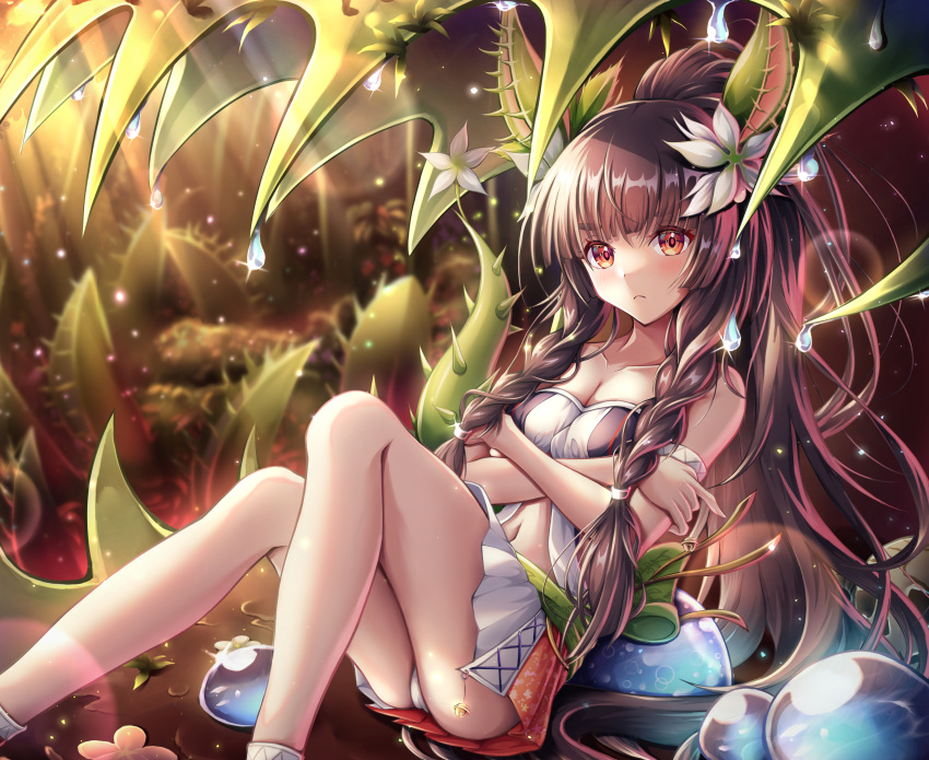 absurdres bare_shoulders blush braid breasts brown_hair cleavage dress duel_monster female flower frown gradient_eyes hair_flower hair_ornament highres low_twin_braids medium_breasts monster_girl multicolored_eyes navel panties pantyshot plant plant_girl ponytail red_eyes sitting traptrix_dionaea twin_braids underwear unisenpai venus_flytrap white_dress white_panties yellow_eyes yu-gi-oh!