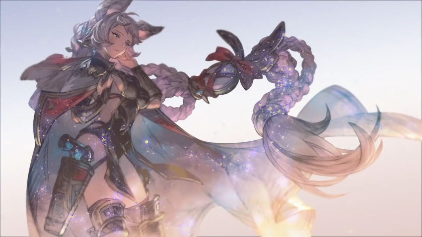 ahoge animal_ears armor braid breastplate breasts bridal_gauntlets cape closed_mouth erune eyeshadow female granblue_fantasy gun hair_ornament highres long_hair makeup medium_breasts minaba_hideo official_art pink_hair solo third-party_source tien_(granblue_fantasy) tri_braids very_long_hair weapon weapon_case white_cape