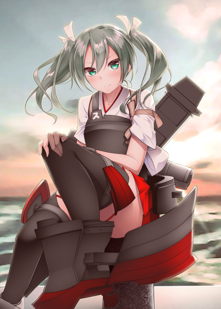 boots brown_gloves dark_green_hair female gloves green_eyes hair_between_eyes hair_ribbon hakama hakama_short_skirt hakama_skirt highres japanese_clothes kantai_collection kirigakure_(kirigakure_tantei_jimusho) long_hair looking_at_viewer muneate partially_fingerless_gloves red_hakama ribbon rigging sitting skirt smile solo tasuki thigh_boots twintails white_ribbon zuikaku_(kancolle) zuikaku_kai_ni_(kancolle)