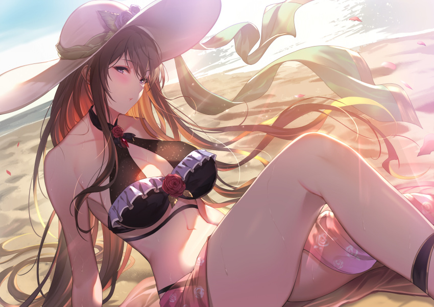 backlighting bare_shoulders beach bikini black_bikini blush breasts brown_hair cleavage criss-cross_halter female flower granblue_fantasy hair_between_eyes halterneck highres kakage knee_up large_breasts looking_at_viewer navel ocean official_alternate_costume open_mouth purple_flower purple_rose rose rosetta_(granblue_fantasy) rosetta_(summer)_(granblue_fantasy) sand sarong sitting solo sunlight swimsuit thighs