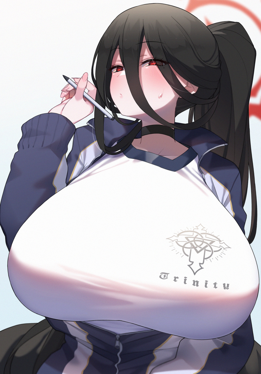 absurdres akitokage black_hair blue_archive blush breasts choker closed_mouth english_text female gradient_background gym_uniform hair_between_eyes halo hand_up hasumi_(blue_archive) hasumi_(track)_(blue_archive) highres huge_breasts jacket long_bangs long_hair looking_at_viewer official_alternate_costume pen ponytail red_eyes simple_background solo track_jacket upper_body very_long_hair