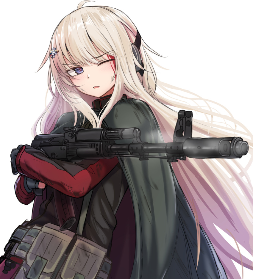 ak-74m ak74m_(girls'_frontline) assault_rifle belt_pouch black_gloves blonde_hair blood blood_on_face blue_eyes camouflage_cloak cape cloak crossed_arms ear_protection female girls'_frontline gloves gun hair_ornament hairclip headphones highres holding holding_weapon kalashnikov_rifle long_hair looking_away one_eye_closed open_mouth original partially_fingerless_gloves pouch rifle russian_flag simple_background smoke snowflake_hair_ornament solo weapon white_background yakob_labo