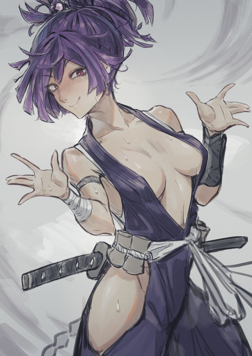 absurdres bandages bare_shoulders blush breasts center_opening cleavage collarbone cowboy_shot female hair_between_eyes highres hip_vent japanese_clothes jigokuraku katana looking_at_viewer medium_breasts medium_hair nekoemonn ponytail purple_eyes purple_hair sheath sheathed sidelocks simple_background smile solo sweat sword weapon yuzuriha_(jigokuraku)