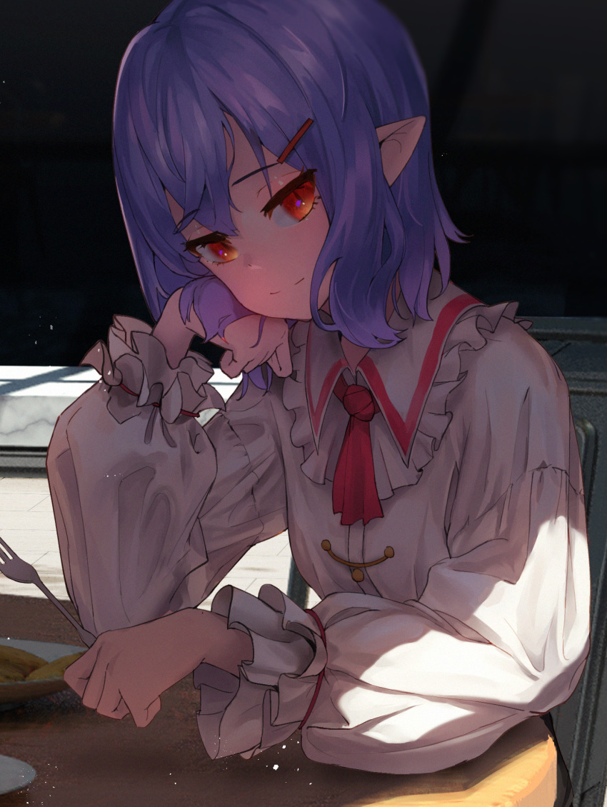 arm_rest ascot aya_(lezon) blue_hair chair commentary_request cookie crossed_legs day dress elbows_on_table female food fork fruit hair_ornament hairclip head_rest head_tilt highres holding holding_fork light_smile looking_at_viewer no_headwear outdoors plate pointy_ears red_ascot red_eyes remilia_scarlet short_hair sitting slit_pupils smile solo table touhou white_dress