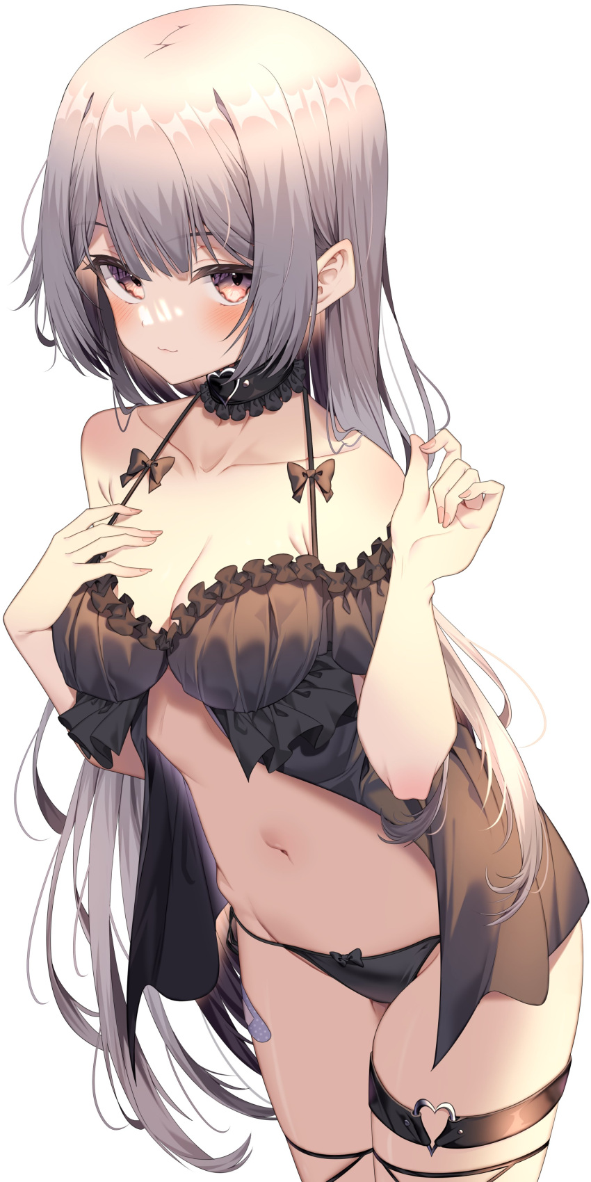 absurdres babydoll bare_shoulders black_babydoll black_panties blush breasts cleavage female heart_o-ring highres jun_(aousa0328) lingerie long_hair looking_at_viewer medium_breasts navel o-ring o-ring_thigh_strap original panties simple_background solo stomach thigh_strap underwear underwear_only white_background