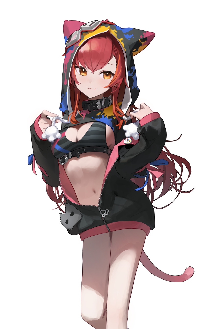 :3 absurdres animal_ear_headwear animal_ears belt_collar black_collar bra breasts cleavage closed_mouth collar fake_animal_ears female goggles goggles_on_head highres hood hooded_jacket jacket logknn long_hair long_sleeves looking_at_viewer medium_breasts multicolored_hair nekota_tsuna nekota_tsuna_(1st_costume) no_pants orange_eyes partially_unzipped pink_tail red_hair shrug_(clothing) simple_background solo streaked_hair striped_bra striped_clothes tail underbust underwear virtual_youtuber vspo! white_background