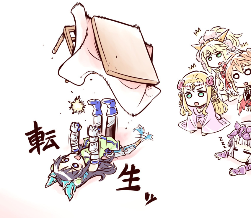 5girls :d :o animal_ears black_hair blonde_hair blush_stickers boots chibi china_dress chinese_clothes dragon_tail dress gauntlets hair_ornament haku_(p&d) highres ishiyumi karin_(p&d) kotatsu leilan_(p&d) meimei_(p&d) multiple_girls purple_hair puzzle_&_dragons red_hair sakuya_(p&d) smile table tail tail_wagging wings