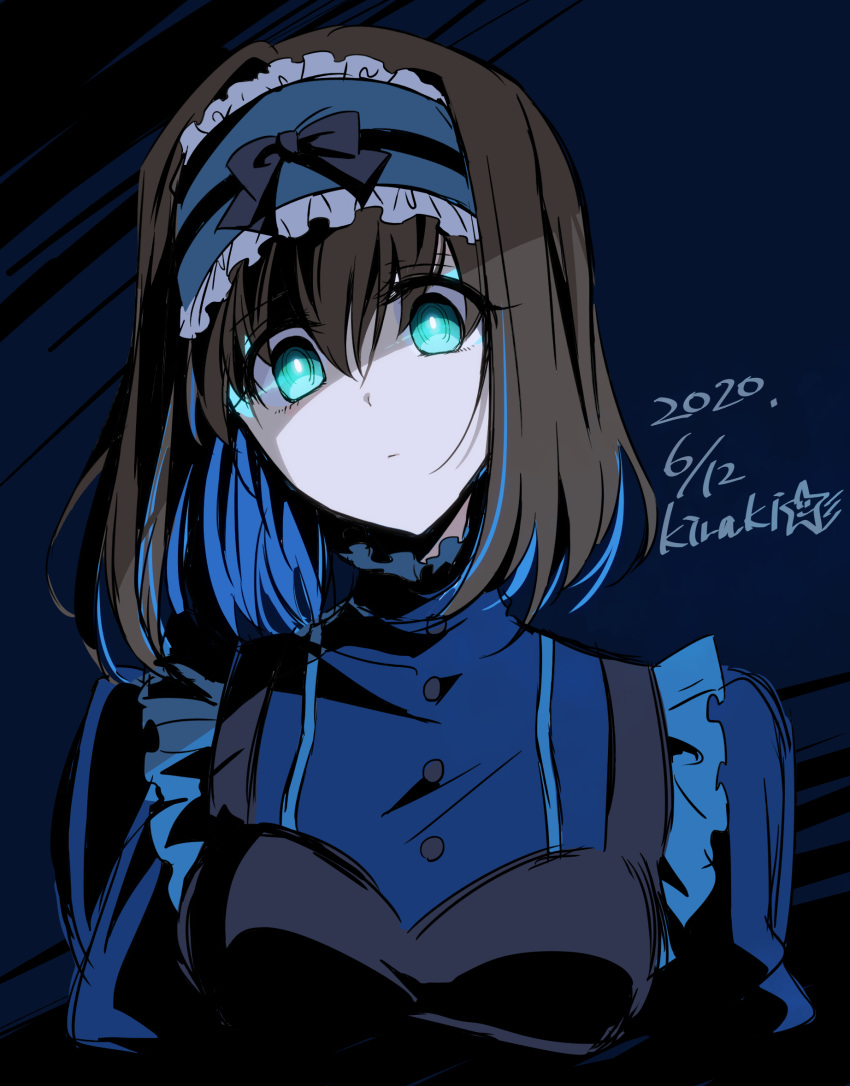 black_hair blue_dress blue_eyes blue_hair closed_mouth colored_inner_hair dated dress female frills garie_tuman glowing glowing_eyes hairband highres kiraki looking_at_viewer multicolored_hair pale_skin senki_zesshou_symphogear short_hair solo two-tone_hair upper_body