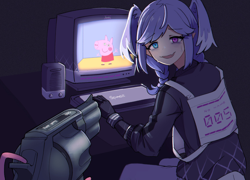 aiming at_computer at_gunpoint bags_under_eyes black_sweater blue_eyes braid commentary computer computer_keyboard female from_behind gun handgun head_wings heterochromia highres jacy looking_at_viewer looking_back medium_hair monitor nijisanji nijisanji_en oerba_yun_fang pants peppa_pig peppa_pig_(series) pointy_ears purple_eyes purple_hair purple_pants revolver selen_tatsuki selen_tatsuki_(1st_costume) skin_fang squid_game sweater sweatpants twin_braids virtual_youtuber weapon wings