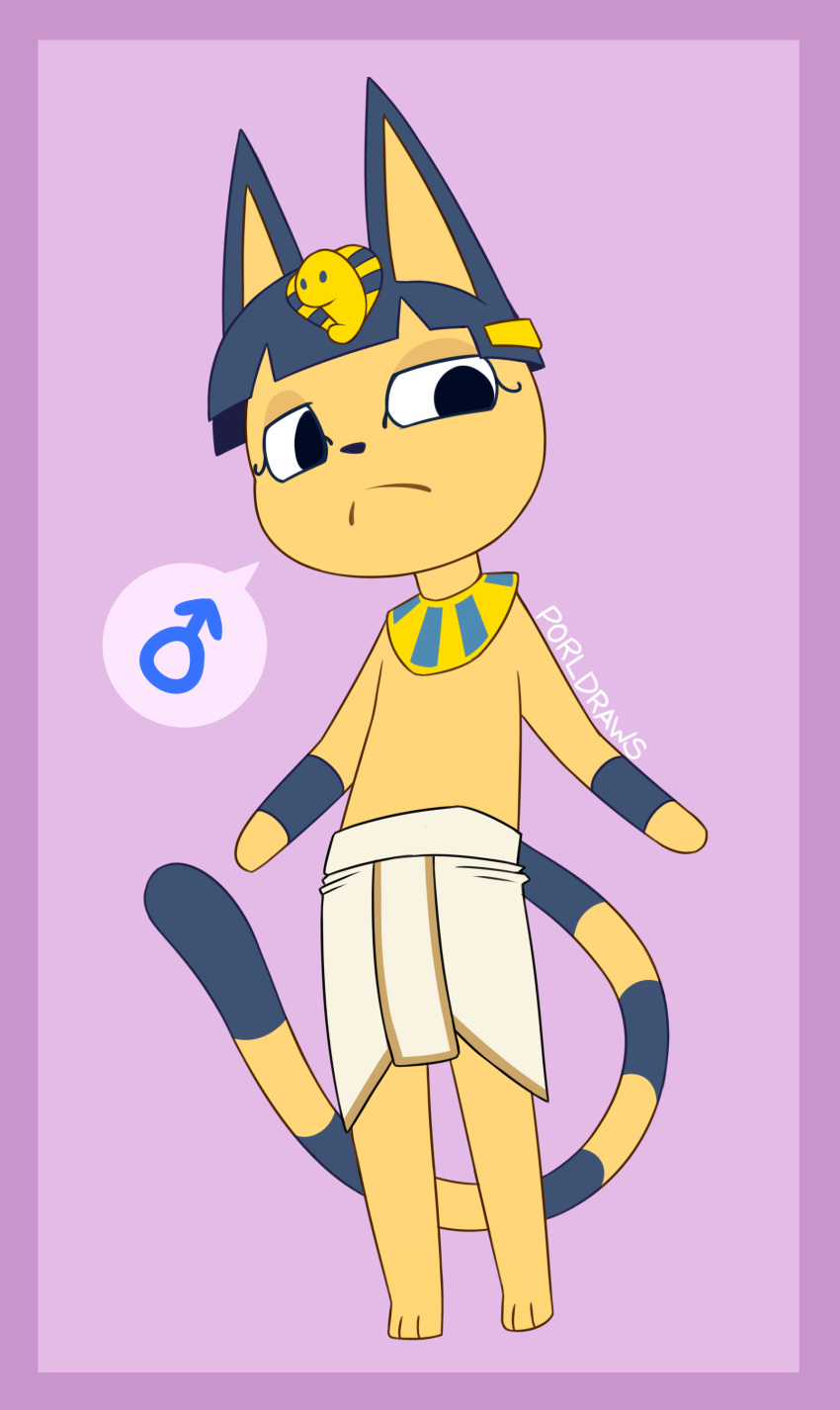 absurd_res animal_crossing ankha_(animal_crossing) anthro blue_hair border clothed clothing domestic_cat egyptian felid feline felis gender_symbol hair hi_res male male_symbol mammal nintendo porldraws purple_border rule_63 solo symbol topless topless_male