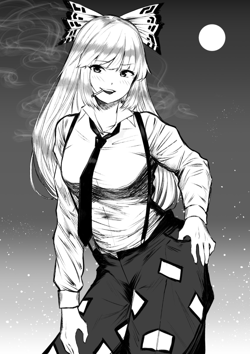 absurdres blush bow cigarette collared_shirt commentary contrapposto cowboy_shot female fujiwara_no_mokou full_moon greyscale hairbow hand_on_own_hip highres long_hair looking_at_viewer monochrome moon necktie night night_sky ofuda pants sen_(daydream_53) shirt sidelocks sky smile smoke solo star_(sky) suspenders touhou