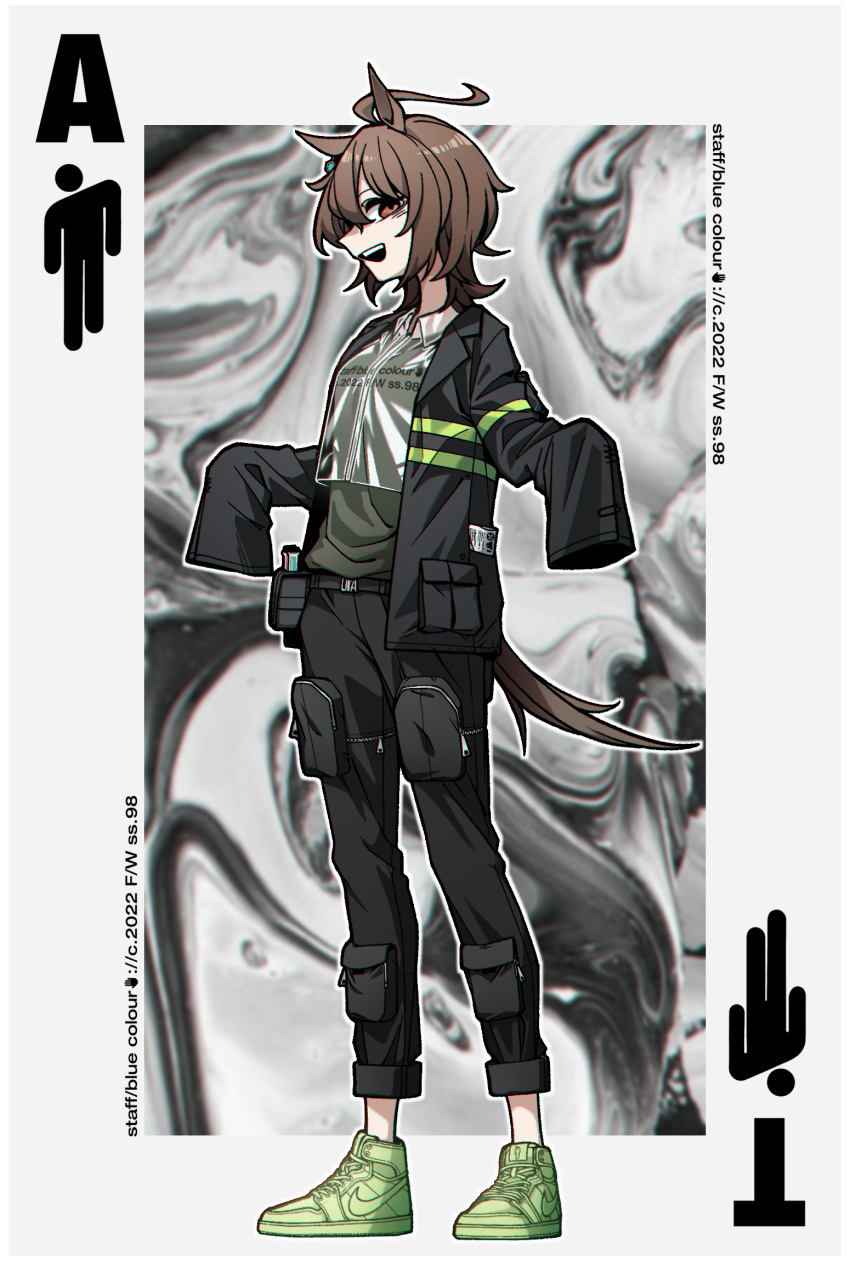 agnes_tachyon_(umamusume) ahoge alternate_costume animal_ears black_jacket black_pants brown_eyes brown_hair cargo_pants earrings english_text female full_body green_footwear highres horse_ears horse_girl horse_tail jacket jaggy_lines jewelry long_sleeves looking_at_viewer medium_hair messy_hair neonfloyd pants shoes single_earring sleeves_past_fingers sleeves_past_wrists sneakers solo tail test_tube umamusume