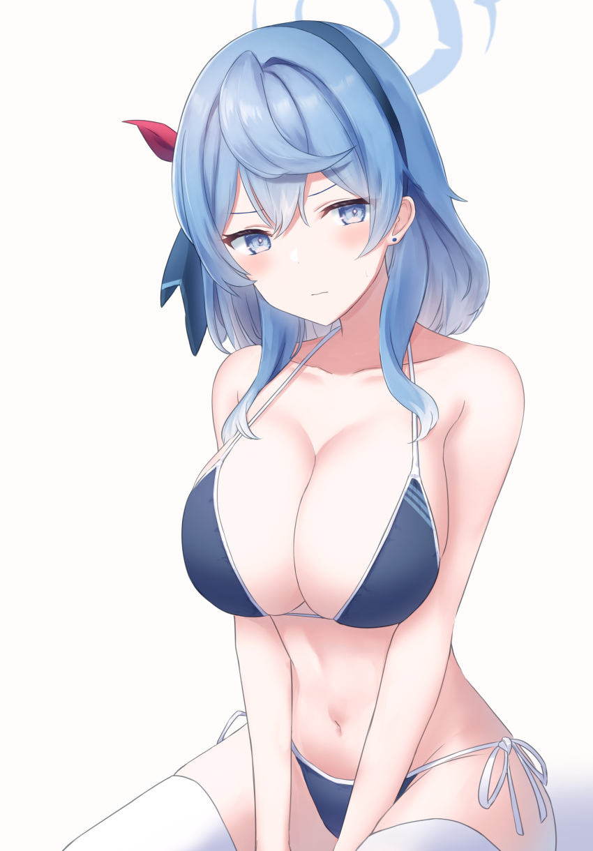 absurdres ako_(blue_archive) alternate_costume bad_id bad_pixiv_id bikini blue_archive blue_eyes blue_hair blue_hairband blush breasts cleavage earrings female hair_between_eyes hair_ornament hairband halo highres jewelry kousi_sirazawa large_breasts long_hair looking_at_viewer navel simple_background solo stomach swimsuit thighhighs