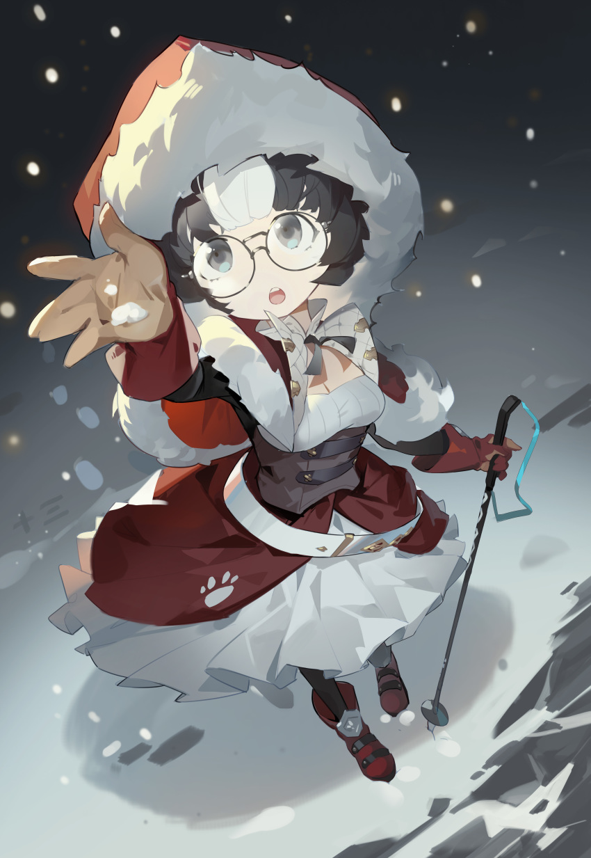 absurdres azur_lane black_hair blue_eyes breasts cleavage corset eskimo_(azur_lane) female from_above fur_trim glasses gloves hand_up helic_(7317helic) highres multicolored_hair photoshop_(medium) snow snowing solo white_hair