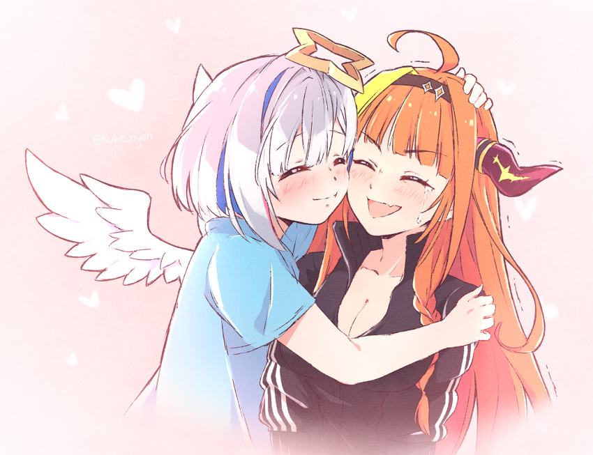 2girls adidas ahoge alternate_costume amane_kanata angel angel_wings black_jacket blonde_hair blue_hair blue_shirt blunt_bangs blush bow braid breasts casual cleavage collarbone colored_inner_hair commentary doukyo's dragon_girl dragon_horns english_commentary feathered_wings hairband halo headpat hololive horn_bow horn_ornament horns hug jacket kiryu_coco kukie-nyan long_hair long_sleeves multicolored_hair multiple_girls oerba_yun_fang open_mouth orange_hair pointy_ears pp_tenshi_t-shirt shirt short_hair short_sleeves single_braid skin_fang smile streaked_hair tears track_jacket trembling virtual_youtuber white_hair wings