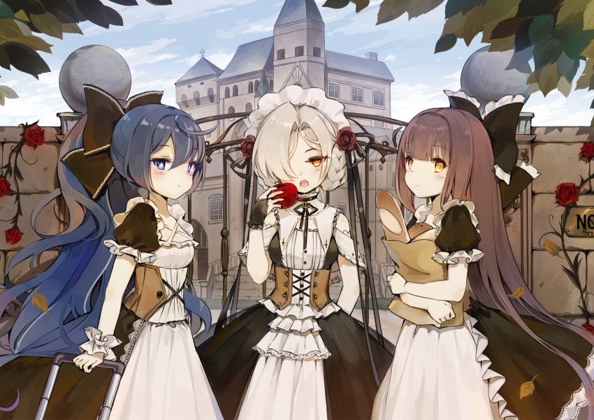 :o alternate_costume apron autumn_leaves azur_lane bag baguette bangs black_bow black_dress black_nails blush bow braid bread brick_wall bridal_gauntlets brown_eyes brown_hair building closed_mouth day dress enmaided eyebrows_visible_through_hair fangs flower food frilled_apron frilled_sleeves frills gate grey_hair groceries grocery_bag hair_between_eyes hair_flower hair_ornament hair_over_one_eye hairbow harutsuki_(azur_lane) highres leaves_in_wind long_hair maid maid_headdress maya_g multicolored_hair nail_polish object_hug open_mouth outdoors ponytail puffy_short_sleeves puffy_sleeves red_flower red_rose rolling_suitcase rose sheffield_(azur_lane) shopping_bag short_hair short_sleeves streaked_hair very_long_hair white_apron white_hair wrist_cuffs yoizuki_(azur_lane)