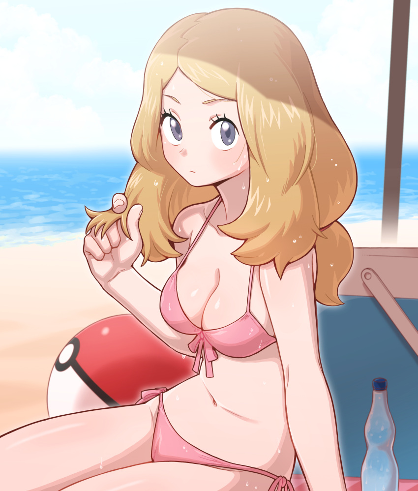 absurdres arm_support bikini blush bottle breasts cleavage closed_mouth collarbone commentary day eyelashes female grey_eyes halterneck hand_up highres light_brown_hair long_hair looking_at_viewer navel nutkingcall outdoors pink_bikini pokemon pokemon_xy sand serena_(pokemon) shiny_skin shore side-tie_bikini_bottom sitting solo swimsuit water water_bottle wet