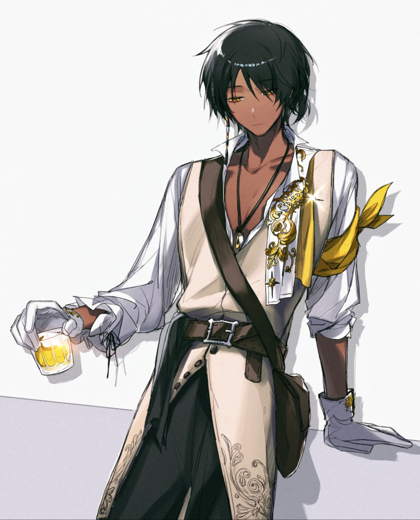 1boy absurdres arknights bag belt belt_buckle bishounen black_hair black_pants buckle closed_mouth collarbone cowboy_shot cup dark-skinned_male dark_skin drinking_glass gloves highres holding holding_cup jewelry long_sleeves looking_away looking_down male_focus necklace orange_eyes pants shirt short_hair shoulder_bag simple_background sleeves_pushed_up solo thorns_(arknights) white_background white_gloves white_shirt wolitansixiang