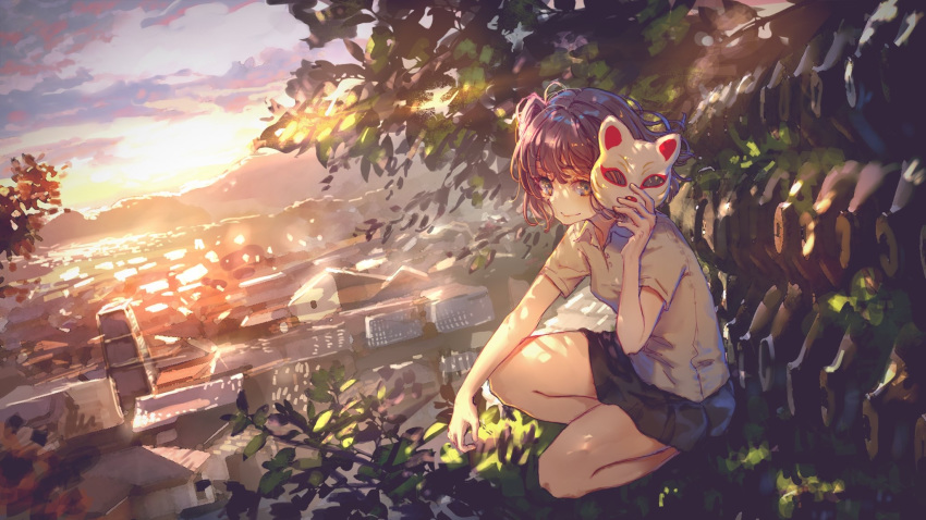 black_skirt brown_eyes brown_hair building cityscape female fox_mask highres in_tree mask mountainous_horizon nakitai_watashi_wa_neko_wo_kaburu official_art outdoors prismplus roki_(0214278) short_sleeves skirt smile solo sunlight sunset tenjin_kotone tree virtual_youtuber yuuyake_koyake