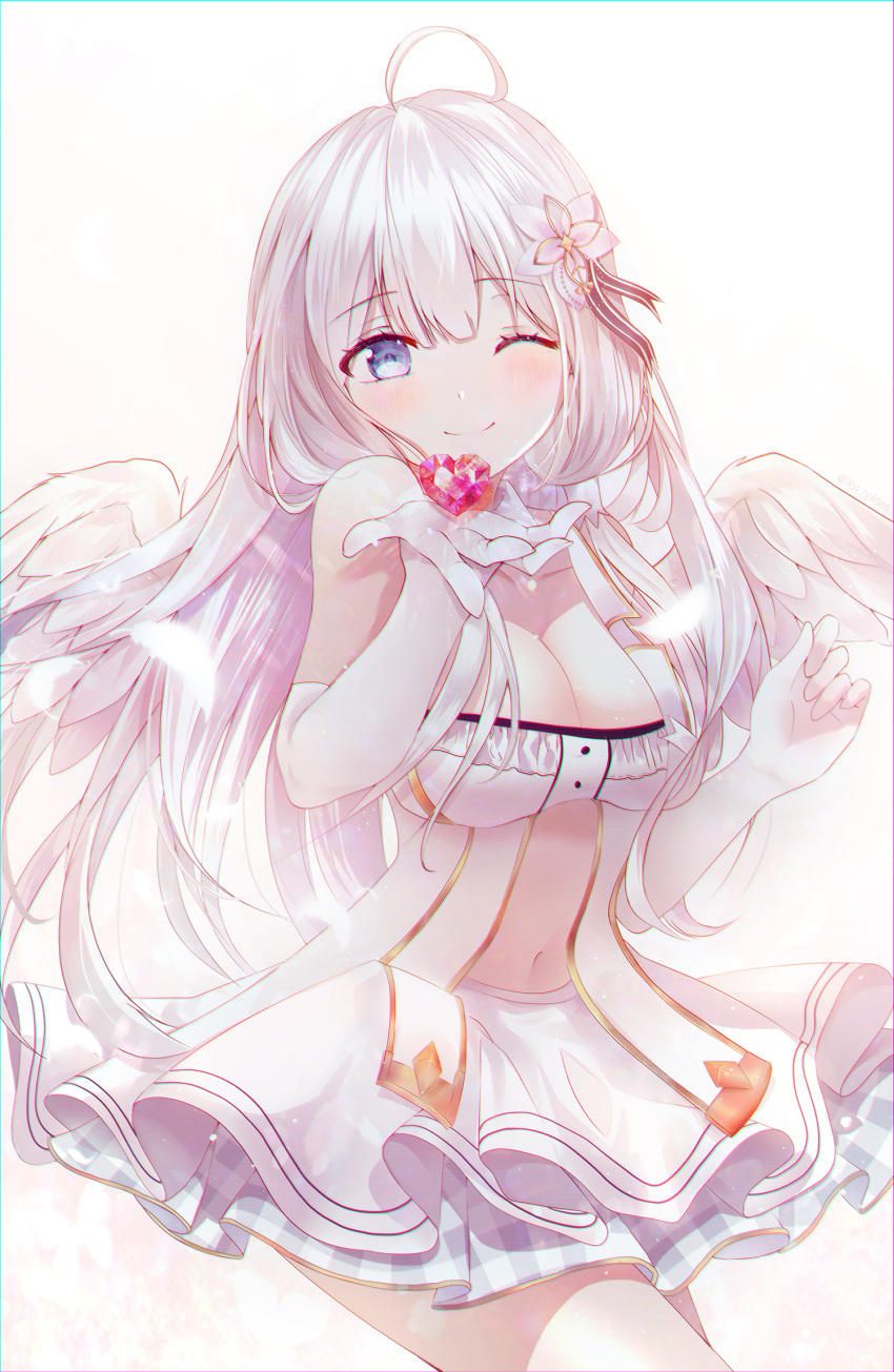 364_holidays ;) ahoge angel_wings azur_lane bad_id bad_pixiv_id bare_shoulders blue_eyes breasts cleavage commentary_request cowboy_shot dress elbow_gloves feathered_wings female flower gem gloves hair_flower hair_ornament heart highres illustrious_(azur_lane) illustrious_(muse)_(azur_lane) large_breasts light_blush long_hair looking_at_viewer navel one_eye_closed petticoat pink_flower red_gemstone simple_background smile solo standing valentine white_background white_dress white_gloves white_hair wings