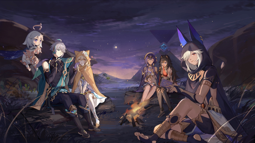 2boys 4girls ahoge alhaitham_(genshin_impact) black_cloak black_footwear black_hair black_pants black_shirt blonde_hair boots candace_(genshin_impact) chinese_commentary cloak commentary_request criss-cross_halter cyno_(genshin_impact) dehya_(genshin_impact) dress genshin_impact grey_hair halo halterneck highres lizi_(st3648) looking_at_viewer lumine_(genshin_impact) multiple_boys multiple_girls night night_sky orange_cloak outdoors paimon_(genshin_impact) pants purple_hair romper shirt short_hair sidelocks sky smile white_dress white_hair white_romper yellow_eyes