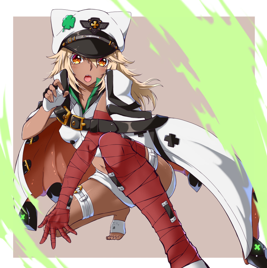 absurdres bandages barefoot blonde_hair cape chukachuka dark-skinned_female dark_skin female fingerless_gloves gloves guilty_gear guilty_gear_strive hat highres ramlethal_valentine solo thigh_strap white_hat yellow_eyes