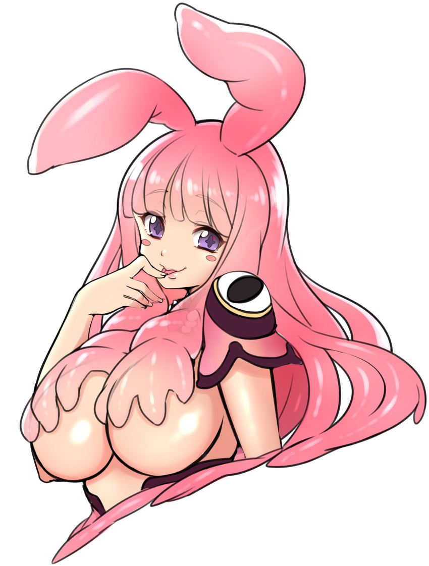 :p absurdres animal_ears blush_stickers breasts female finger_to_mouth highres kosumo large_breasts long_hair looking_at_viewer melona_(queen's_blade) pink_hair prehensile_hair protean_assassin_melona purple_eyes queen's_blade rabbit_ears shiny_skin smile solo symbol-shaped_pupils tongue tongue_out upper_body white_background