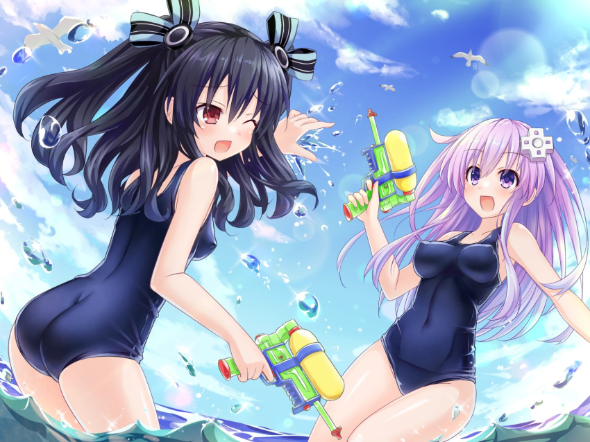 2girls ass bird black_hair blue_sky blush breasts cloud covered_navel covered_nipples d-pad d-pad_hair_ornament day hair_ornament hair_ribbon happy highres kazuneko_(wktk1024) medium_breasts multiple_girls nepgear neptune_(series) ocean one-piece_swimsuit one_eye_closed open_mouth purple_eyes purple_hair red_eyes ribbon school_swimsuit seagull sky small_breasts smile swimsuit thighs two_side_up uni_(neptunia) wading water water_gun wet