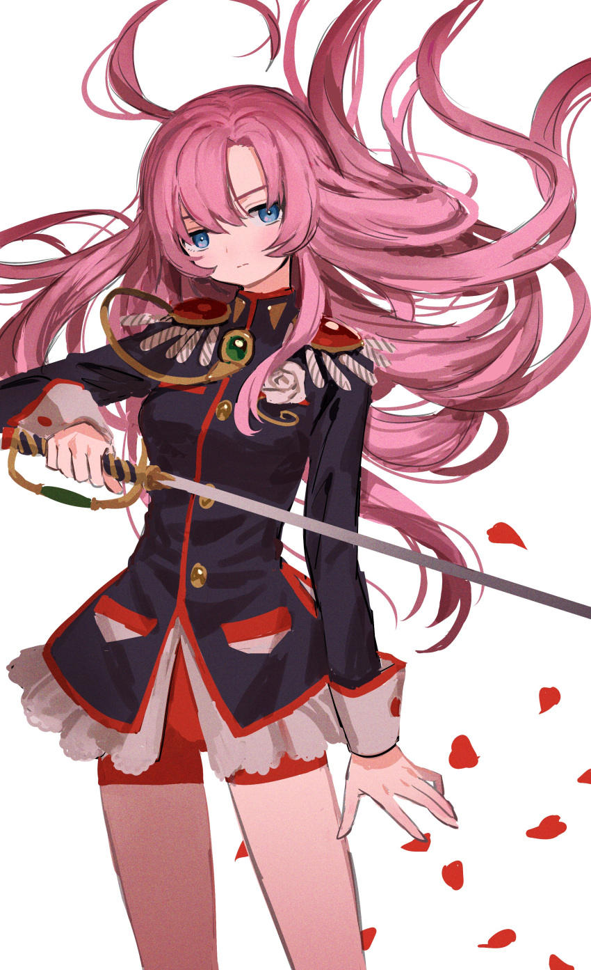 absurdres aiguillette bike_shorts blue_eyes blush brooch closed_mouth commentary english_commentary epaulettes female flower highres holding holding_sword holding_weapon jewelry long_hair petals pink_hair rose rose_petals shoujo_kakumei_utena sleeve_cuffs solo sword sword_of_dios tenjou_utena weapon white_background white_flower white_rose zinbei