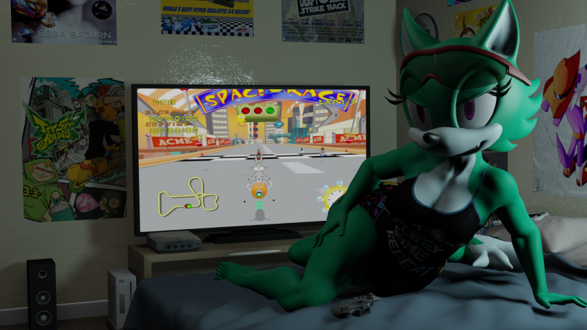 16:9 3d_(artwork) anthro bed bedroom bedroom_eyes blender_(artwork) bugs_bunny canid canine canis custom_character_(sonic_forces) dark_room daz_studio_(artwork) digital_media_(artwork) dipodid dreamcast_console electronics fan_character fang_the_hunter female fur furniture game_console gamer_girl green_body green_fur hi_res jerboa jet_set_radio lechugansfw looney_tunes mammal narrowed_eyes purple_eyes rodent seductive sega sega_dreamcast solo sonic_forces sonic_the_hedgehog_(series) spongebat1 tweety_bird warner_brothers widescreen wolf