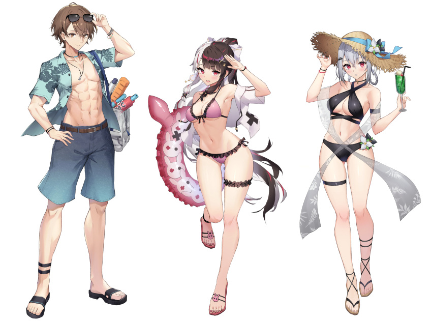 1boy 2girls abs absurdres bag bikini black_bikini black_footwear black_hair blue_shorts bracelet braided_hair_rings breasts bridal_garter brown_eyes brown_hair cocktail commentary criss-cross_halter cup eyewear_on_head feet food frilled_bikini frills full_body grey_hair hair_ribbon hakase_fuyuki halterneck hand_on_own_hip hat hawaiian_shirt high_ponytail highres holding holding_cup holding_swim_ring ice_cream ice_cream_float innertube jewelry kagami_hayato large_breasts legs long_hair multicolored_hair multiple_girls myske_(myst34415756) necklace nijisanji open_clothes open_shirt pink_bikini pink_eyes pink_footwear red_eyes ribbon salute sandals shawl shirt shorts shoulder_bag simple_background skindentation smc-gumi_(nijisanji) split-color_hair standing standing_on_one_leg straw_hat streaked_hair sun_hat sunglasses swim_ring swimsuit thigh_strap toenails toes tress_ribbon two-tone_hair virtual_youtuber white_background yorumi_rena