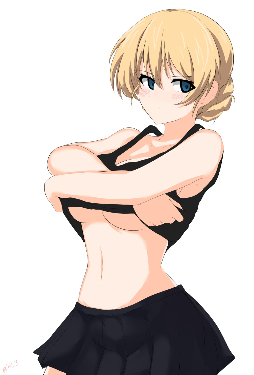 absurdres aikir_(jml5160) bare_shoulders black_shirt black_skirt blonde_hair blue_eyes blush braid breasts collarbone cowboy_shot darjeeling_(girls_und_panzer) female french_braid girls_und_panzer highres looking_at_viewer medium_breasts navel one-hour_drawing_challenge shirt skirt solo strap_gap tank_top underboob undressing white_background