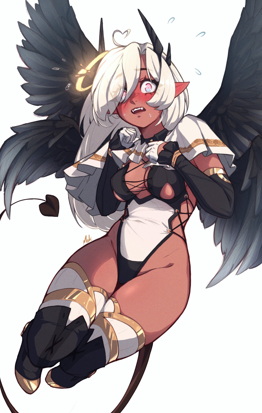 absurdres ahoge black_footwear black_horns black_sleeves black_tail black_wings blush boots breasts broken_halo capelet commentary cross-laced_leotard dark-skinned_female dark_skin demon_girl demon_horns demon_tail detached_sleeves embarrassed english_commentary eyelashes eyes_visible_through_hair fangs feathered_wings female flying_sweatdrops gloves gold_trim gradient_eyes half_gloves halo hands_up heart heart_ahoge highleg highleg_leotard highres horns legs_up leotard long_hair looking_at_viewer medium_breasts mekrani midair multicolored_eyes open_mouth original pointy_ears simple_background solo sweatdrop tail teeth thighhighs thighhighs_under_boots upper_teeth_only wavy_mouth white_background white_capelet white_gloves white_hair white_thighhighs wings