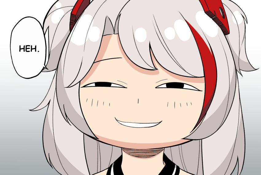 :d anya's_heh_face_(meme) azur_lane commentary english_commentary female gradient_background grey_hair hair_between_eyes hair_ornament half-closed_eyes highres little_prinz_eugen_(azur_lane) long_hair looking_at_viewer meme multicolored_hair parody parted_bangs portrait sidelocks simple_background smile smirk solo speech_bubble two-tone_hair whitter