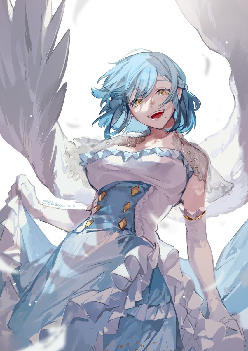 bare_shoulders blue_hair bokyo breasts dress elbow_gloves feathered_wings female gloves highres looking_at_viewer moira_(1st_costume)_(nijisanji) moira_(nijisanji) mole mole_under_mouth nijisanji open_mouth short_hair skirt_hold smile solo virtual_youtuber white_dress wings yellow_eyes