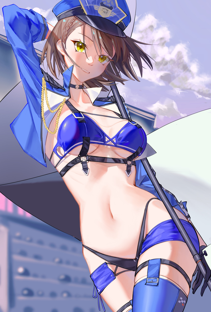 absurdres arm_up azur_lane baltimore_(azur_lane) baltimore_(finish_line_flagbearer)_(azur_lane) bikini black_coat blue_bikini blue_footwear blue_hair blue_hat blue_jacket blue_shorts blue_sky boots braid breasts brown_hair chest_harness choker cleavage closed_mouth cloud coat collarbone commentary cowboy_shot cropped_jacket day female flag floating_hair french_braid garter_straps gloves hair_between_eyes harness hat highleg highleg_bikini highres holding holding_pole jacket light_blue_hair looking_at_viewer medium_breasts micro_shorts mismatched_bikini navel official_alternate_costume open_clothes open_jacket outdoors pole race_queen shino_pupille short_hair shorts sidelocks sky smile solo standing stomach swimsuit thigh_boots thigh_strap underboob yellow_eyes