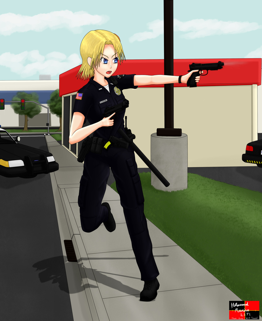 3d absurdres american_flag beretta_92 black_footwear black_pants black_shirt blonde_hair blue_eyes building car commentary day dual_wielding english_commentary female finger_on_trigger full_body gun handgun highres holding holding_gun holding_weapon leg_up looking_ahead los_angeles_police_department m16a4_(upotte!!) matt_(hollywoodmarine2171) motor_vehicle outdoors pants patch police police_car police_uniform police_vehicle policewoman road shirt short_hair shoulder_patch sidewalk smoke smoking_barrel solo standing standing_on_one_leg uniform united_states upotte!! weapon