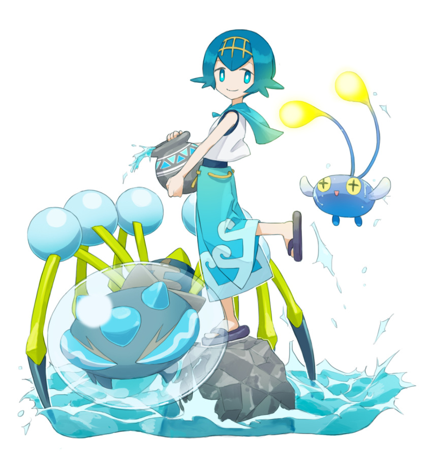 antennae araquanid bad_id bad_pixiv_id blue_eyes blue_hair carrying chinchou colored_sclera cross-shaped_pupils female highres kouri_(kyorosuukeeeeeee) lana_(pokemon) looking_at_viewer looking_to_the_side photoshop_(medium) pokemon pokemon_(creature) pokemon_sm pot rock sailor_collar sandals shirt short_hair simple_background sleeveless sleeveless_shirt smile splashing standing standing_on_one_leg swimsuit swimsuit_under_clothes symbol-shaped_pupils tiara water white_background yellow_sclera