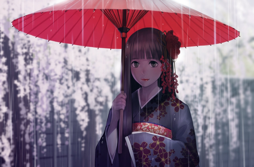 blue_kimono blunt_bangs brown_eyes brown_hair closed_mouth commentary female floral_print flower hair_flower hair_ornament holding holding_umbrella japanese_clothes kalua kimono long_hair looking_at_viewer oil-paper_umbrella original pink_umbrella rain red_flower red_umbrella sash smile solo tree umbrella water