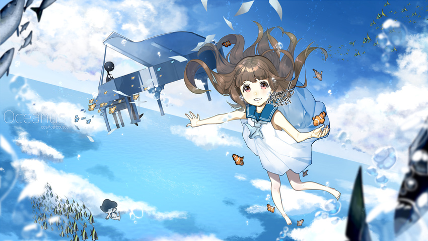 alice_(deemo) angelfish bare_shoulders barefoot brown_hair bubble cloud clownfish commentary_request day deemo deemo_(character) dress female fish floating_hair highres instrument long_hair masked_lady_(deemo) moorish_idol ocean piano red_eyes sailor_collar sawaco_(sawaco520) smile song_name tropical_fish