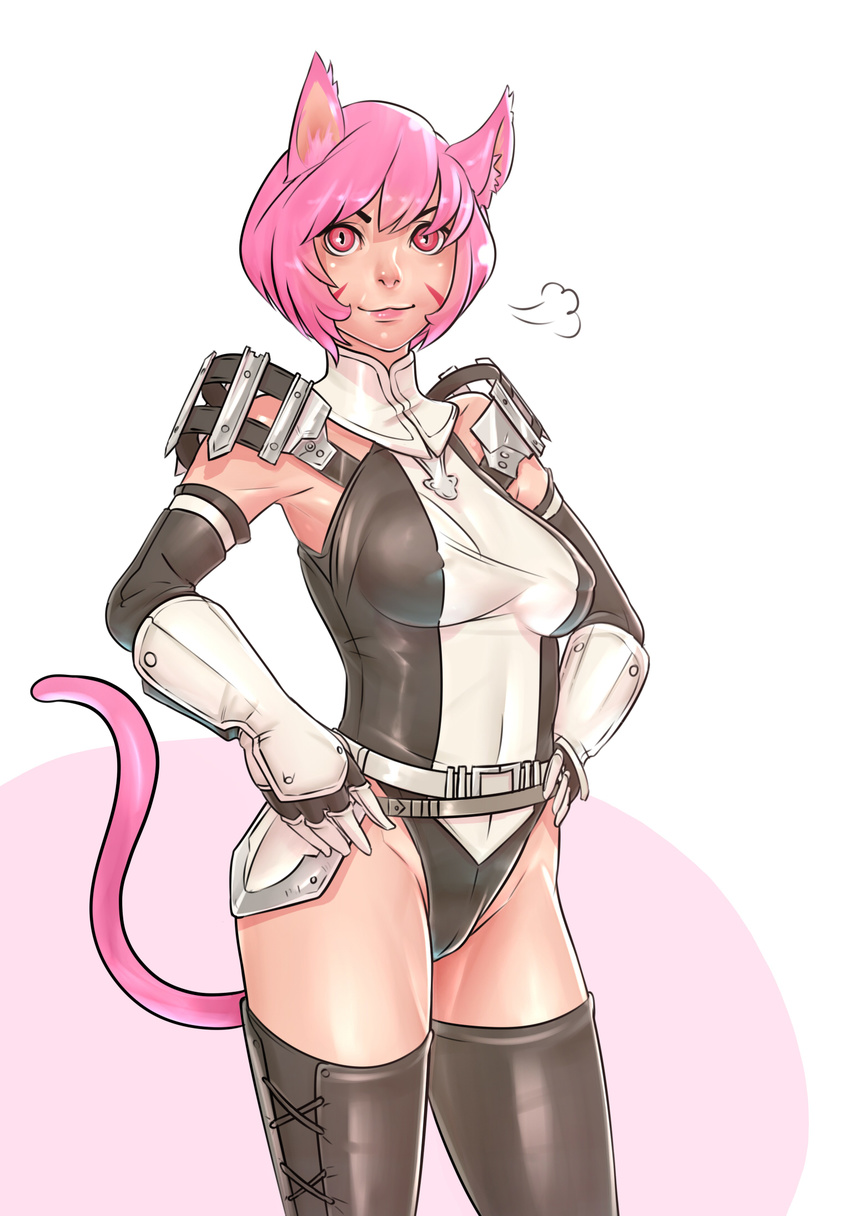 adventurer_(ff11) animal_ears armor black_thighhighs boots breasts cat_ears cat_girl cat_tail cowboy_shot elbow_gloves faulds female final_fantasy final_fantasy_xi gloves hands_on_own_hips highres john_doe_(jdart) large_breasts leotard lips md5_mismatch mithra_(ff11) nose pauldrons pink_eyes pink_hair resolution_mismatch short_hair shoulder_armor smile solo source_smaller tail thigh_boots thighhighs unaligned_breasts vambraces