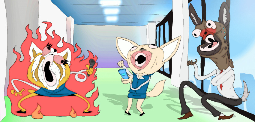 2018 aggretsuko animated anthro blush canid canine clothed clothing digital_media_(artwork) electronics epilepsy_warning female fennec_fox fenneko fox fristdynamo fur haida_(aggretsuko) hi_res holding_object holding_phone hyena long_ears male mammal necktie open_mouth phone retsuko sanrio true_fox what why