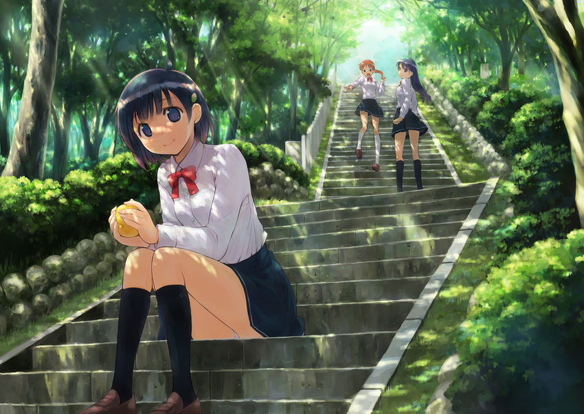 food fruit grass ikeda_jun kneehighs leaves original park seifuku stairs tree