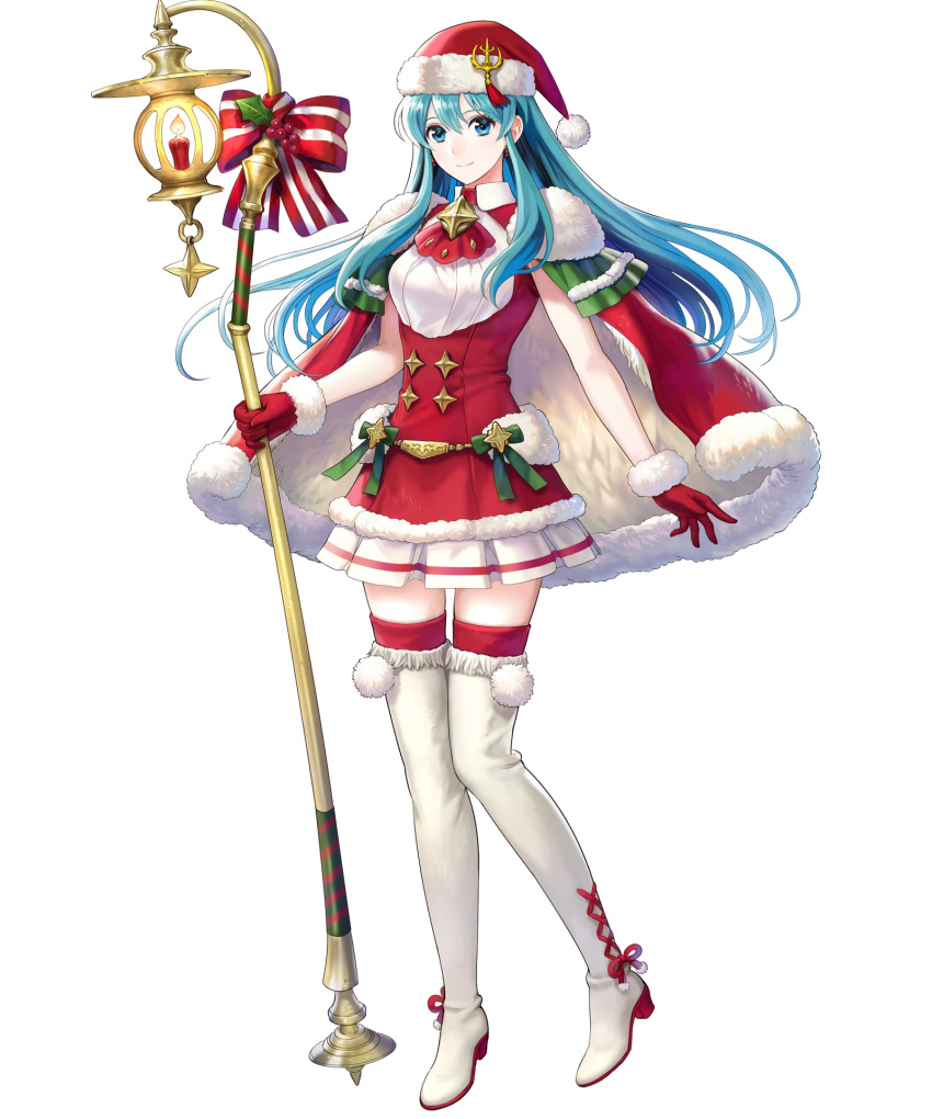 alternate_costume asatani_tomoyo blue_eyes blue_hair boots breasts candle cape christmas closed_mouth earrings eirika_(fire_emblem) eirika_(winter)_(fire_emblem) female fire_emblem fire_emblem:_the_sacred_stones fire_emblem_heroes full_body fur_trim gloves hat highres holding jewelry long_hair looking_at_viewer medium_breasts official_art pleated_skirt pom_pom_(clothes) red_gloves red_thighhighs santa_hat skirt sleeveless smile solo staff standing thigh_boots thighhighs transparent_background white_footwear zettai_ryouiki