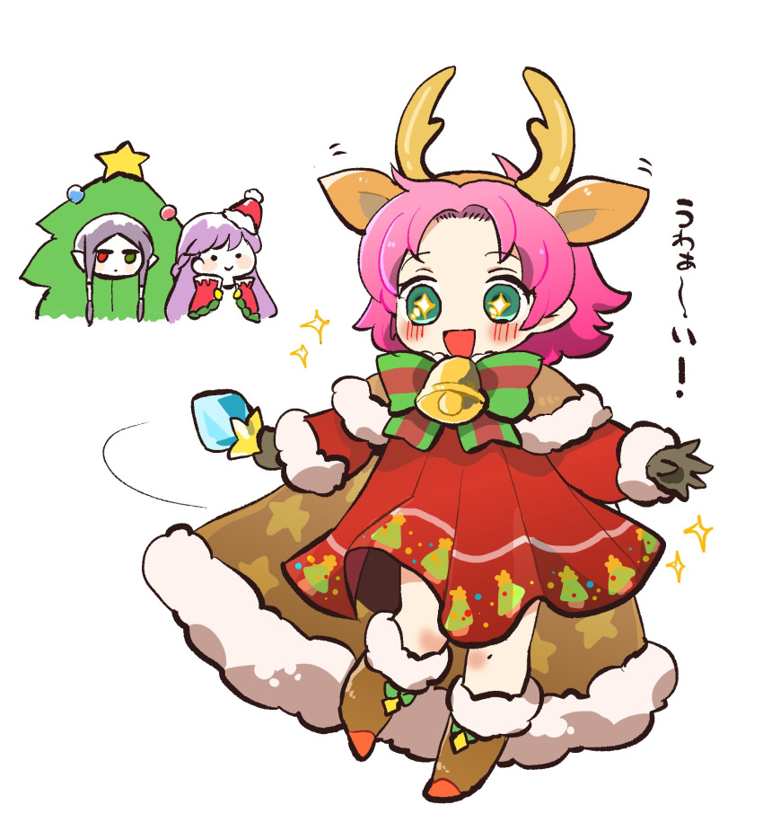 +_+ 3girls antlers bell boots bow cape chibi chibi_inset christmas_tree_costume closed_mouth commentary_request dress fae_(fire_emblem) fae_(winter)_(fire_emblem) fire_emblem fire_emblem:_the_binding_blade fire_emblem_heroes fur_trim gloves green_eyes grey_hair hat heterochromia highres horns idunn_(fire_emblem) long_hair long_sleeves multiple_girls open_mouth pointy_ears pom_pom_(clothes) purple_hair red_eyes red_hat reindeer_antlers santa_hat short_hair simple_background smile sophia_(fire_emblem) white_background yomico_2gou