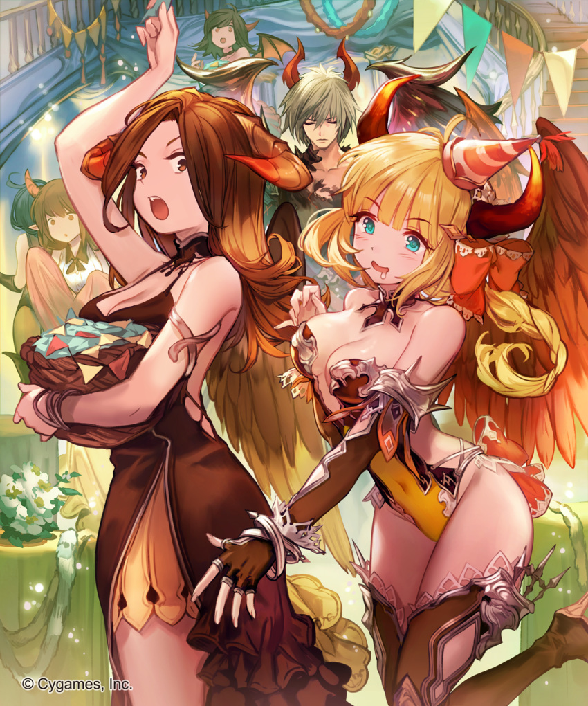 1boy 2girls blonde_hair blue_eyes blush bow braid breasts brown_eyes brown_hair cake character_request cleavage commentary_request covered_navel demon_girl dress elbow_gloves feathered_wings fingerless_gloves food fruit gloves hairbow hand_up hat high_heels highres horn_bell horn_ornament horns large_breasts lee_hyeseung leotard lucifer_(shingeki_no_bahamut) multiple_girls official_art open_mouth party party_hat purple_eyes red_bow shingeki_no_bahamut smile strawberry string_of_flags thighhighs watermark wide-eyed wings